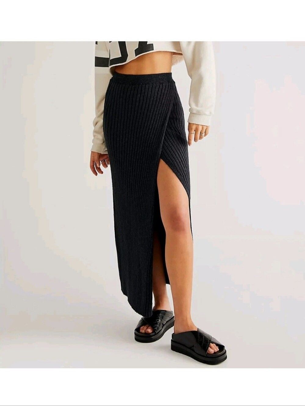 Free People Ribbed Knit Wrap Maxi Skirt Black Size S Boho Minimalist Stretch